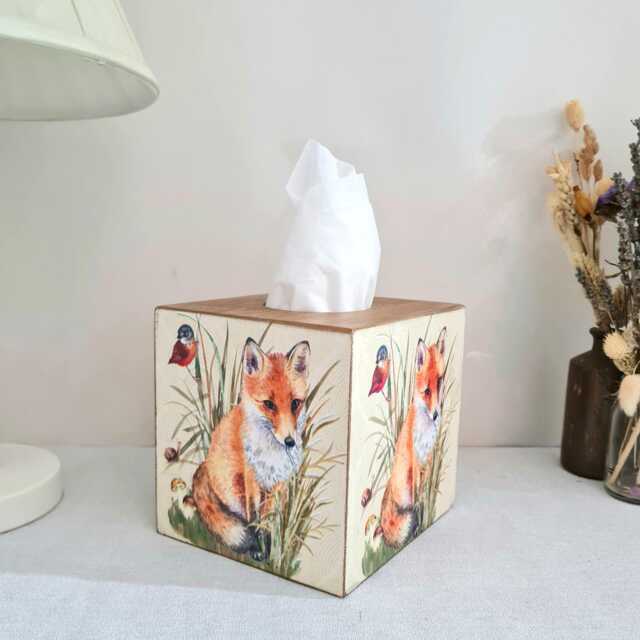 Autumn Fox & Robins Wooden Tissue Box Cover, Country Home Decor Gift, Hand Decorated - image 1