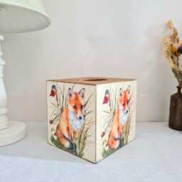 Autumn Fox & Robins Wooden Tissue Box Cover, Country Home Decor Gift, Hand Decorated - thumbnail 2