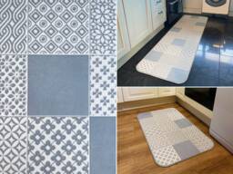 Vinyl Floor Mat in Moroccan Tile Design, Kitchen Runner Rug, Linoleum Flooring Mat, Grey PVC Bathmat - Agadir
