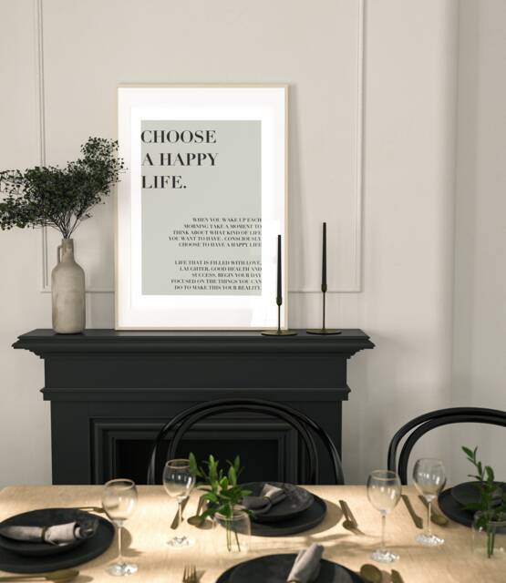 Choose A Happy Life, Positive Affirmation Home, Kitchen, Home Decor, Modern Typography, Bedroom Print, Good Vibes Poster, Sage Green Art A2 - image 1