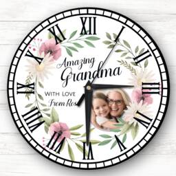 Amazing Grandma Floral Round Photo Mother's Day Birthday Gift Personalised Clock - thumbnail 1
