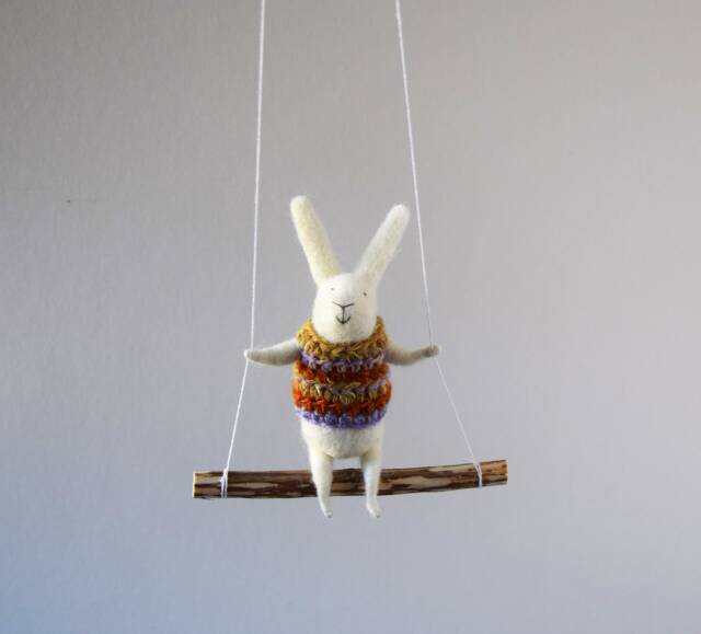 White Bunny On Swing, Needle Felted Animal, Nursery Decor, Baby Crib Mobile, Mobile - image 1