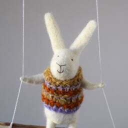 White Bunny On Swing, Needle Felted Animal, Nursery Decor, Baby Crib Mobile, Mobile - thumbnail 2