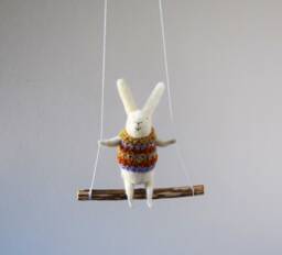 White Bunny On Swing, Needle Felted Animal, Nursery Decor, Baby Crib Mobile, Mobile