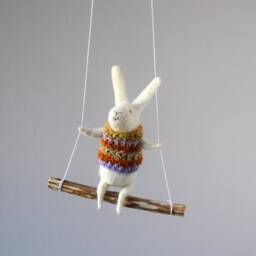 White Bunny On Swing, Needle Felted Animal, Nursery Decor, Baby Crib Mobile, Mobile - thumbnail 3