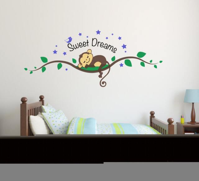 Kids Wall Decal Full Colour Sweet Dreams Cute Monkey Bedroom Nursery Sticker Baby Shower - image 1