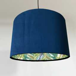 Navy Velvet Drum Lampshade, Double Sided Lampshade With Palm Leaves Cotton Interior, Ceiling Light Shade