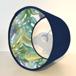 Navy Velvet Drum Lampshade, Double Sided Lampshade With Palm Leaves Cotton Interior, Ceiling Light Shade - thumbnail 3