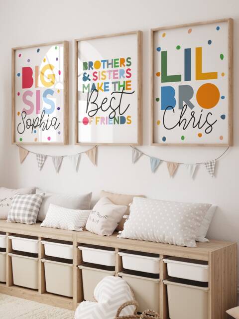 Set Of 3 Playroom Prints, Brother Sister Bedroom Sibling Rainbow Wall Art, Colourful, Big Sis Lil Bro Prints - image 1