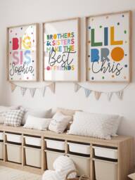 Set Of 3 Playroom Prints, Brother Sister Bedroom Sibling Rainbow Wall Art, Colourful, Big Sis Lil Bro Prints - thumbnail 1