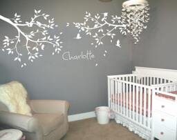 Personalized Nursery Branch Wall Decal - Birds & Leaves, Baby Name Sticker - thumbnail 1