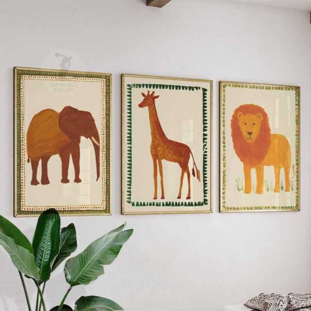 Set Of 3 Safari Animal Posters, Lion Giraffe & Elephant Prints, Jungle Wall Art, Kids Room Decor, Nursery Poster Set, Gift Idea - image 1