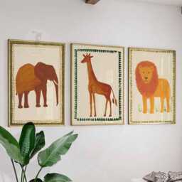 Set Of 3 Safari Animal Posters, Lion Giraffe & Elephant Prints, Jungle Wall Art, Kids Room Decor, Nursery Poster Set, Gift Idea - thumbnail 1