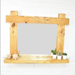 Mirror Shelf - Crossed Ends Smooth Design Main Image Medium Oak Chunky Wood Driftwood Style Chic - thumbnail 1