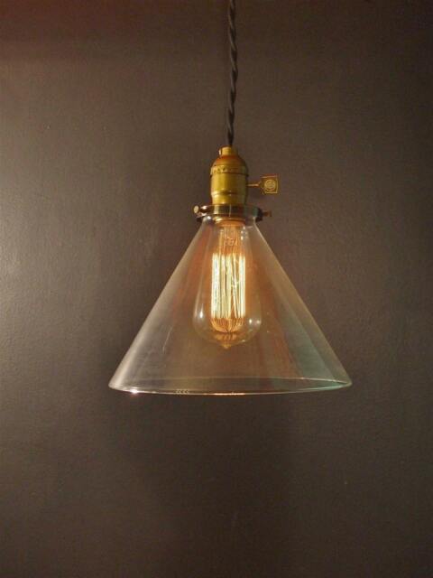 Vintage Industrial Hanging Light With Glass Cone Shade - Machine Age Minimalist Bare Bulb Pendant Lamp - image 1
