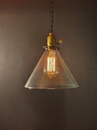 Vintage Industrial Hanging Light With Glass Cone Shade - Machine Age Minimalist Bare Bulb Pendant Lamp