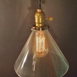 Vintage Industrial Hanging Light With Glass Cone Shade - Machine Age Minimalist Bare Bulb Pendant Lamp - thumbnail 2