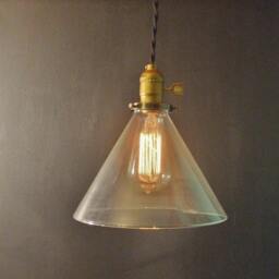 Vintage Industrial Hanging Light With Glass Cone Shade - Machine Age Minimalist Bare Bulb Pendant Lamp - thumbnail 3