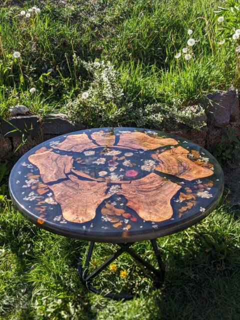 Floral Epoxy Resin Coffee Table Round Wood & Black - image 1