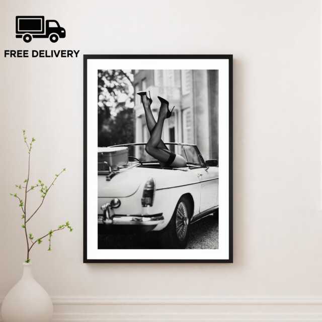 Vintage Classic Sports Car Girl Print, Luxury Woman, Fine Art Photography Wall Art, Museum Quality Black & White Poster - image 1
