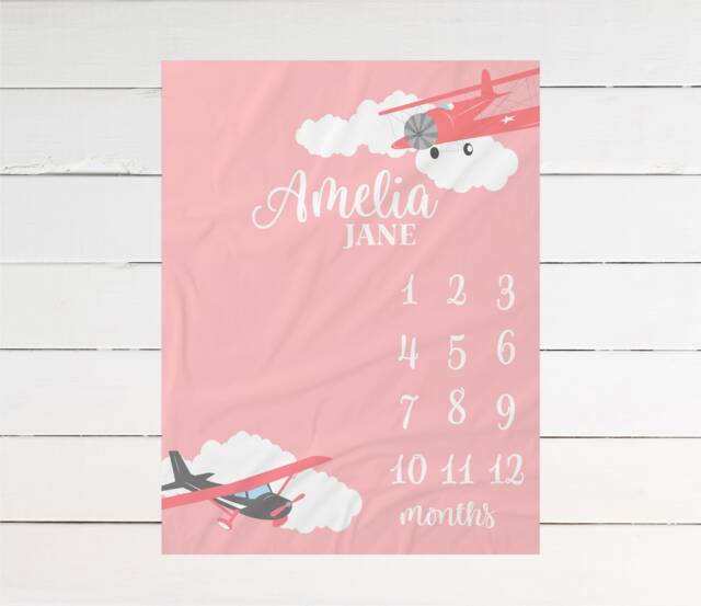 Airplane Milestone Blanket Monthly Growth Tracker Soft Fleece Aviation Baby Shower Gift Newborn Watch Me Grow Girl - image 1