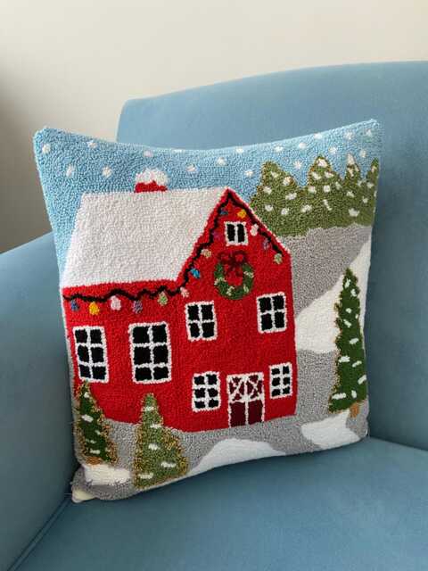 Punch Needle Christmas Pillow Cover Winter Barn Scene, Handmade Linen Cushion - image 1