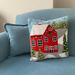 Punch Needle Christmas Pillow Cover Winter Barn Scene, Handmade Linen Cushion - thumbnail 2
