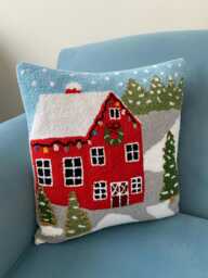 Punch Needle Christmas Pillow Cover Winter Barn Scene, Handmade Linen Cushion