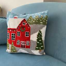 Punch Needle Christmas Pillow Cover Winter Barn Scene, Handmade Linen Cushion - thumbnail 3