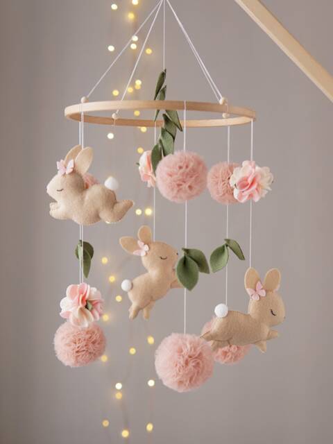 Bunny Baby Mobile Girl, Felt Mobile, Floral Nursery Decor - image 1