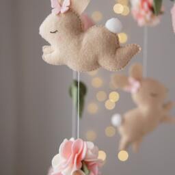 Bunny Baby Mobile Girl, Felt Mobile, Floral Nursery Decor - thumbnail 2