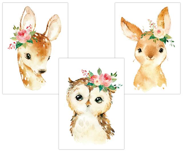 Children's Room Decoration, Posters For Children's Rooms, Baby Pictures, Pictures Girls - Forest Animals Flowers, Rabbit, Owl, Deer A4