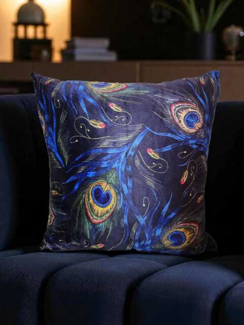 Peacock Feather Velvet Cushion Cover Navy Blue Sofa Pillow 16x16 - image 1