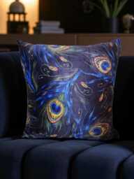 Peacock Feather Velvet Cushion Cover Navy Blue Sofa Pillow 16x16 - thumbnail 1