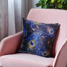 Peacock Feather Velvet Cushion Cover Navy Blue Sofa Pillow 16x16 - thumbnail 2
