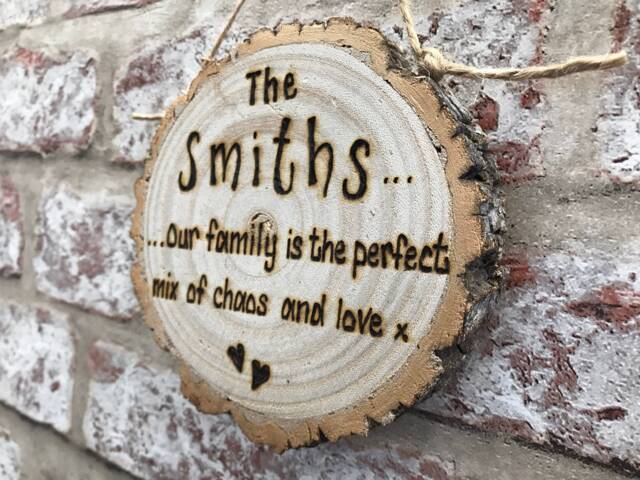 Family Name Gift/Plaque - With Love Chaos Quote - Personalised Rustic Wooden Log Slice 13cm New House - image 1