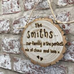 Family Name Gift/Plaque - With Love Chaos Quote - Personalised Rustic Wooden Log Slice 13cm New House - thumbnail 3