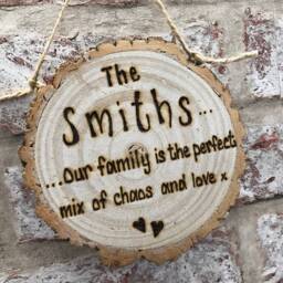 Family Name Gift/Plaque - With Love Chaos Quote - Personalised Rustic Wooden Log Slice 13cm New House - thumbnail 2
