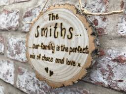 Family Name Gift/Plaque - With Love Chaos Quote - Personalised Rustic Wooden Log Slice 13cm New House - thumbnail 1