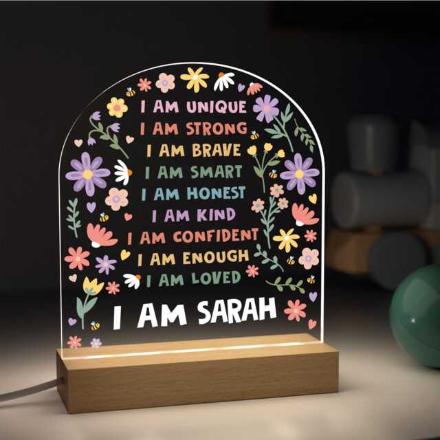 Personalised Girls Night Light, Floral Positive Affirmations Led Lamp - image 1