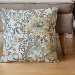 William Morris Pillow Cover - Soft Faux Suede Fabric Enchanted Golden Lily Design Blue Slate Manilla Decorative Antique Cushion - thumbnail 2