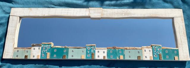 Handmade Driftwood Mirror With Teal Houses, Wall Decor, 4 Ft - image 1