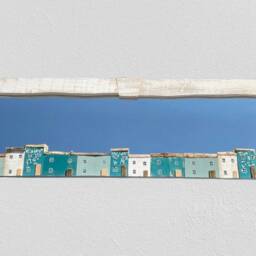 Handmade Driftwood Mirror With Teal Houses, Wall Decor, 4 Ft - thumbnail 2