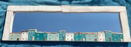 Handmade Driftwood Mirror With Teal Houses, Wall Decor, 4 Ft