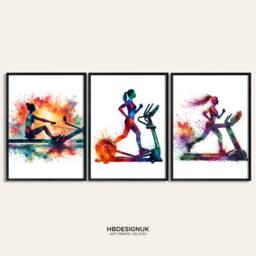 Rowing Woman Watercolour Print - Set Of 3 Gym Girl Posters - Wall Art Women Poster Fitness Decor Home Artwork - thumbnail 1