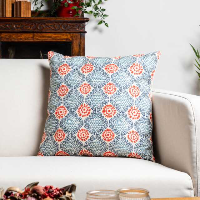 Cordoba Print Cushion in Navy Blue. Geometric Floral Batik Design. Bci-Approved 100% Cotton. 17x17 - image 1