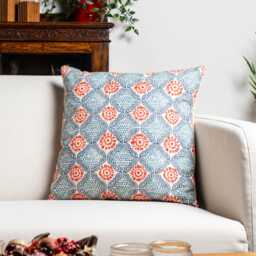 Cordoba Print Cushion in Navy Blue. Geometric Floral Batik Design. Bci-Approved 100% Cotton. 17x17 - thumbnail 1