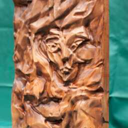 "Original Artwork, Wood Wall Art, Bas-Relief Sculpture, ""Behind The Curtain" - thumbnail 3
