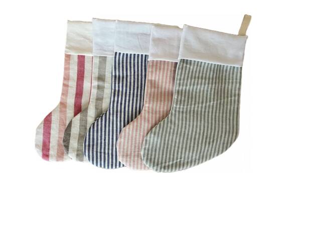 Personalized Linen Striped Christmas Stocking, Farmhouse Decor - image 1