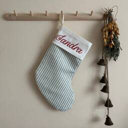 Personalized Linen Striped Christmas Stocking, Farmhouse Decor - thumbnail 4